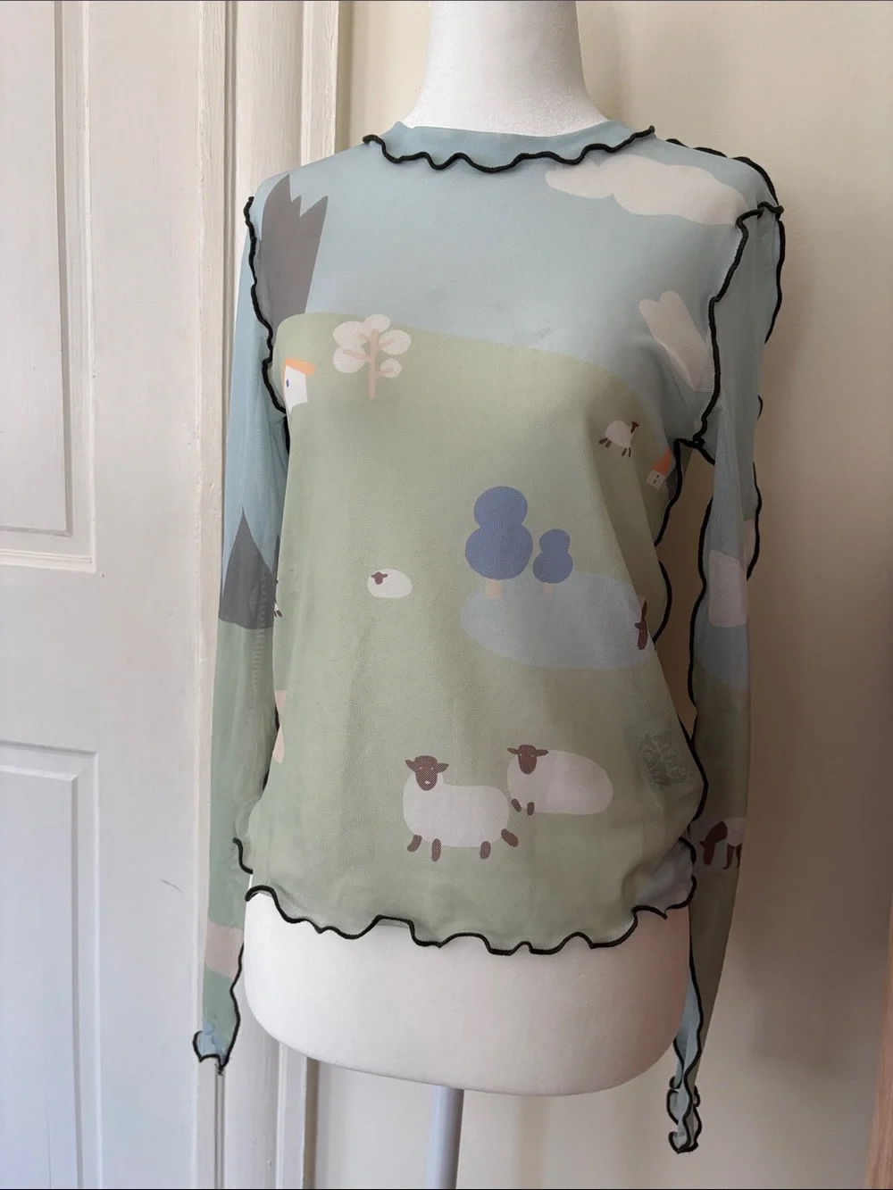 Small Kina and Tam landscape mesh top Sheer Farm Print  - Light Blue/Green - Picture 3 of 7